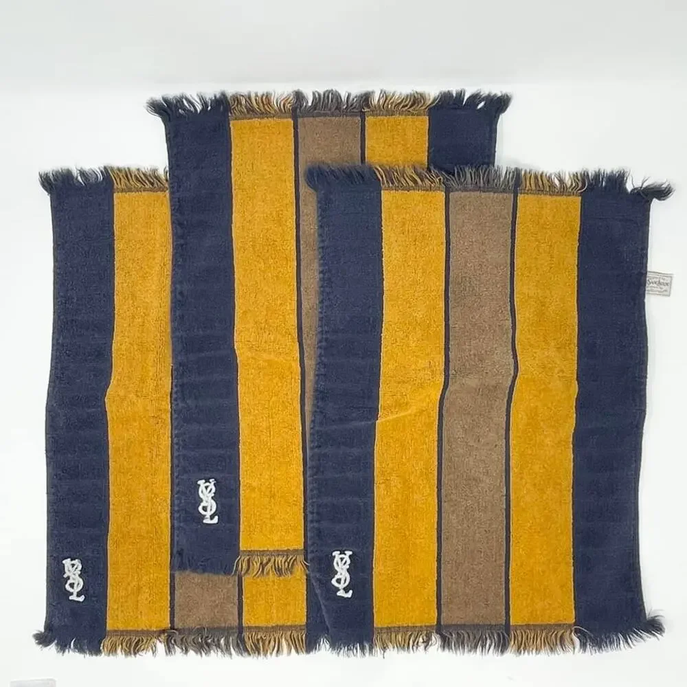 VTG YSL Yves Saint Laurent Fieldcrest Hand Towel Set of 3 Navy Gold Stripe Mono